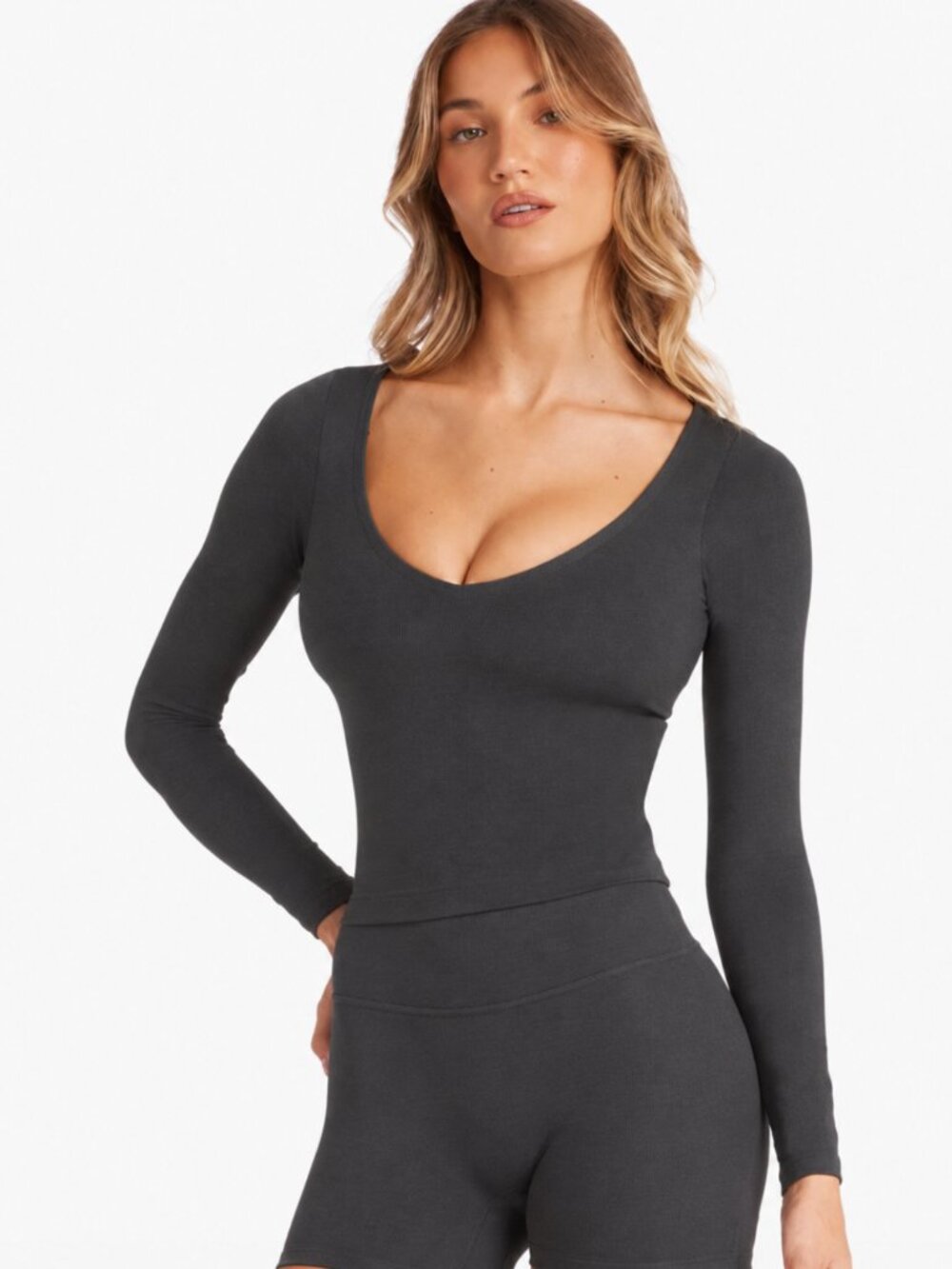 CSB Crop Shop Boutique Freedom Alina Gray Longsleeve V Neck Workout Top S $79